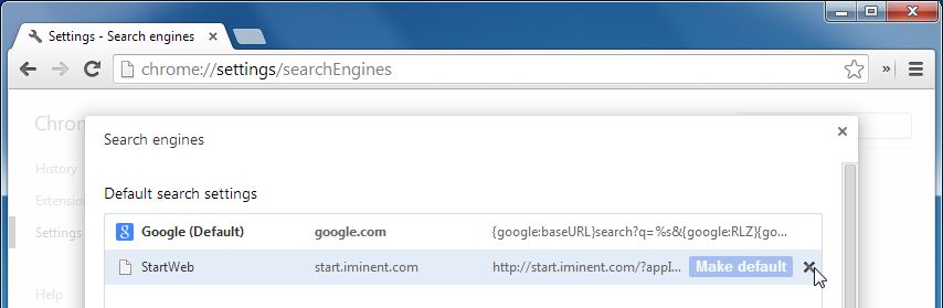[Изображение: удаление Iminent Start Search из Chrome]