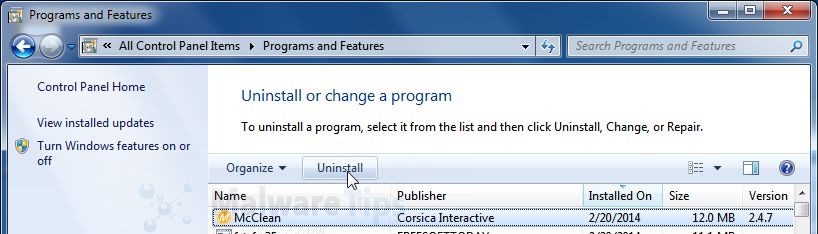 [Image: Uninstall McClean program from Windows]
