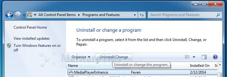 [Image: Uninstall Media Player Enhance program from Windows]