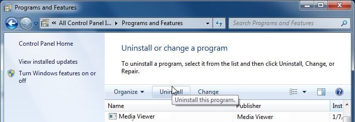 Picture of Uninstall Media Viewer 1.1 malicious program from Windows