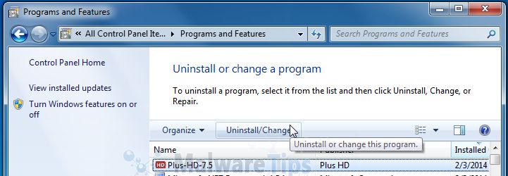 [Image: Uninstall Plus-HD-7.5 malicious program from Windows]