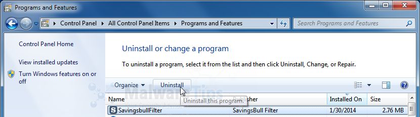 [Image: Uninstall SavingsBull program from Windows]