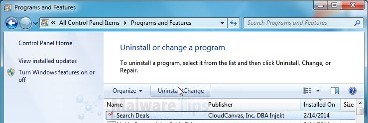 [Image: Uninstall Search Deals By Injekt program from Windows]