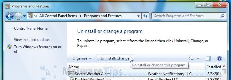 [Image: Uninstall Severe Weather Alerts program from Windows]