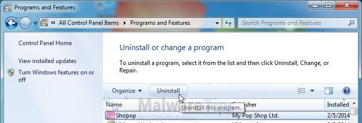 [Image: Uninstall Shopop program from Windows]