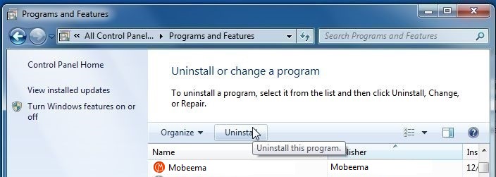 [Image: Uninstall Mobeema program from Windows]