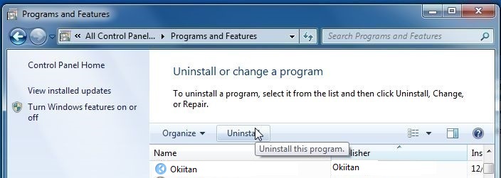 [Image: Uninstall Okiitan program from Windows]
