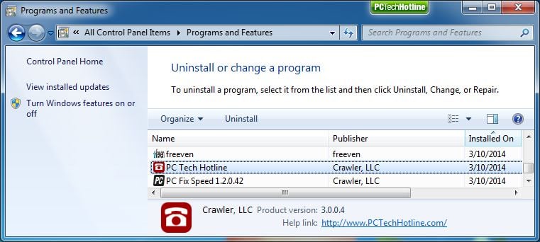 Picture of Uninstall PCTechHotline from Windows