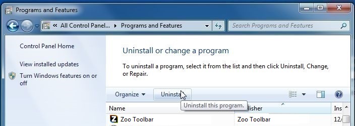 [Image: Uninstall Zoo Toolbar program from Windows]
