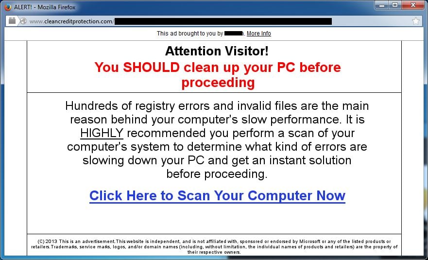 [Image: CleanCreditProtection.com pop-up virus]