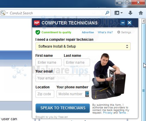 Picture of COMPUTER TECHNICIANS pop-up virus