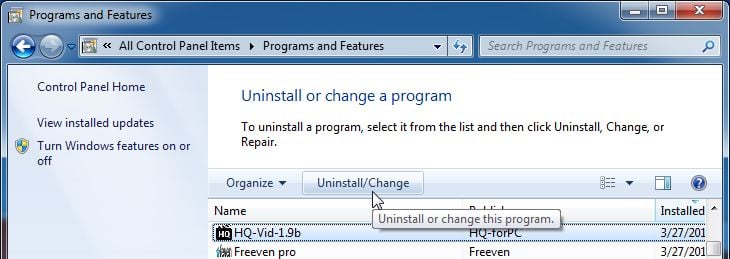 [Image: Uninstall HQ-Video-Pro-1.9 program from Windows]