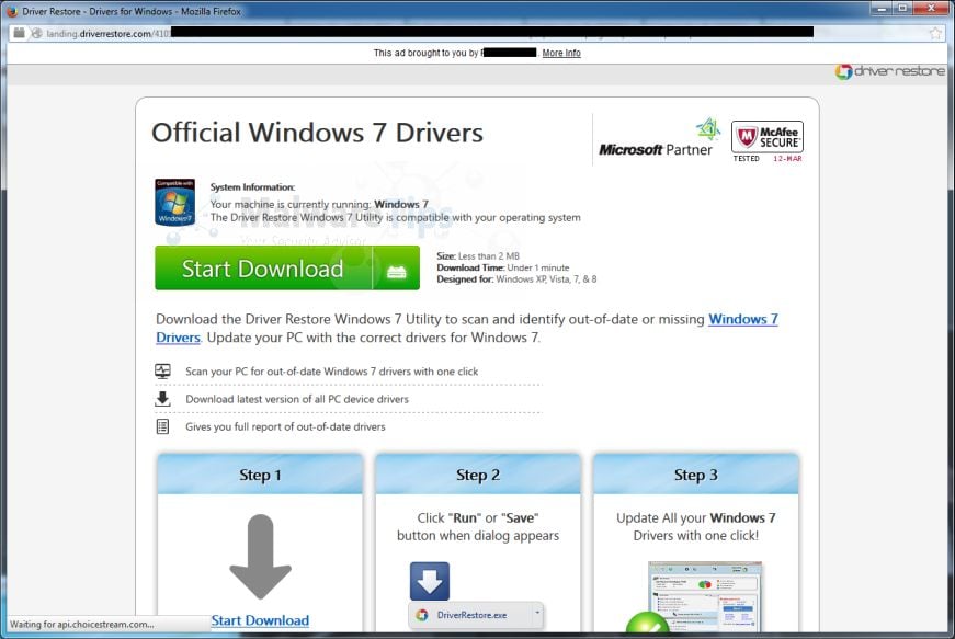 Picture of landing.driverrestore.com pop-up virus