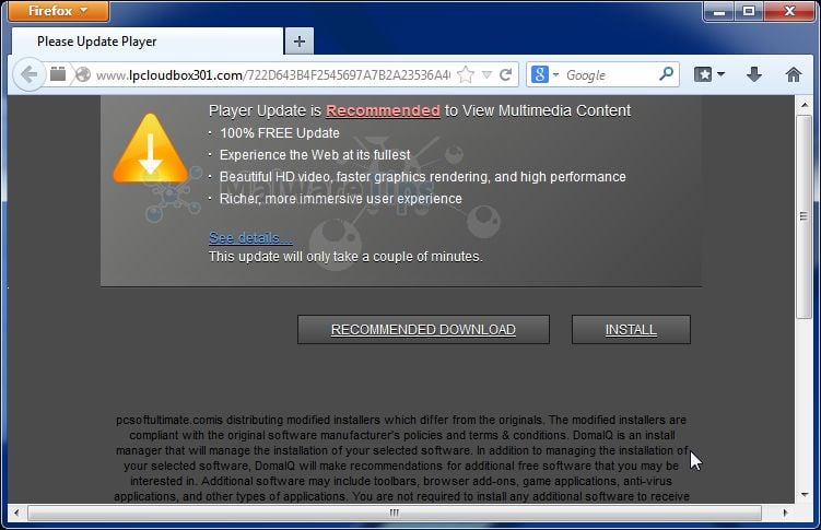 [Image: Player Update is Recommended to View Multimedia Content virus]