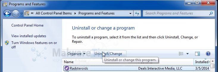 [Image: Uninstall RadSteroids program from Windows]