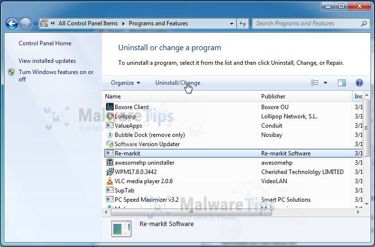 [Image: Uninstall Remarkit program from Windows]