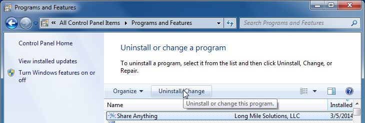 [Image: Uninstall Share Anything program from Windows]