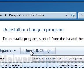 [Image: Uninstall SmartSaver 8 program from Windows]