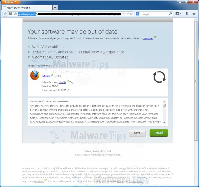 Picture of Updaterpro.com pop-up virus