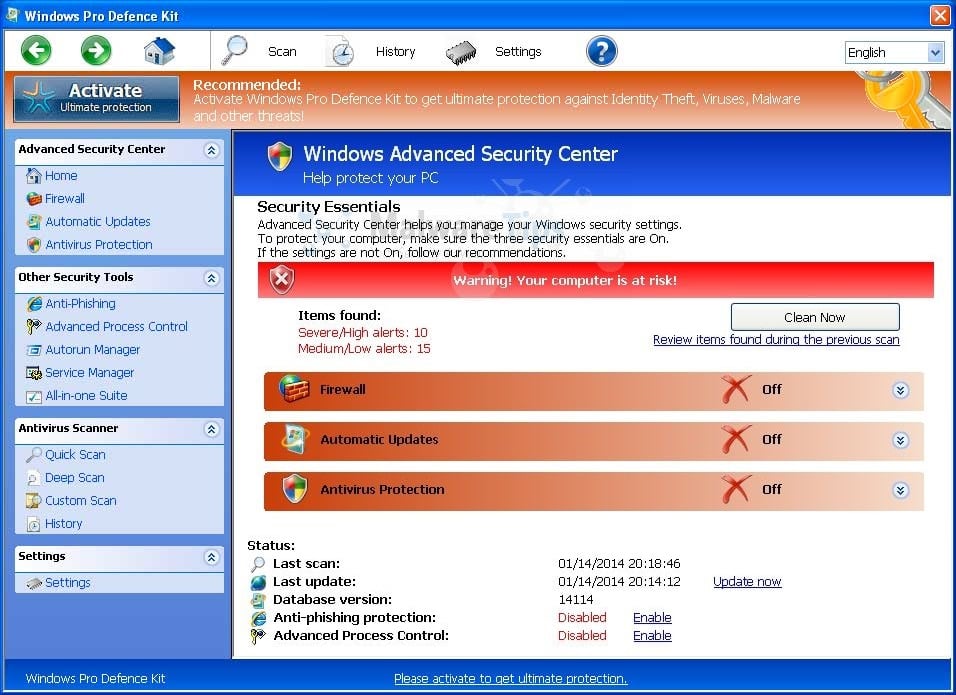 Picture of Windows Pro Defence Kit virus