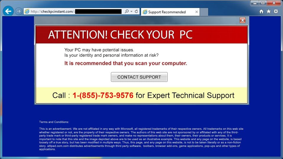 [Image: CheckPcInstant.com popup virus]