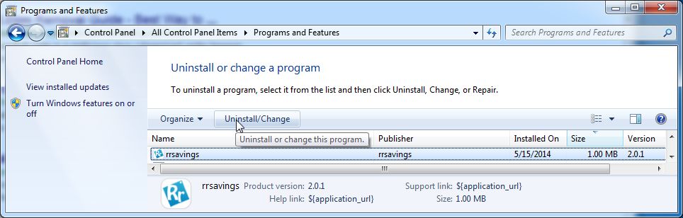 [Image: Uninstall RRSavings program from Windows]