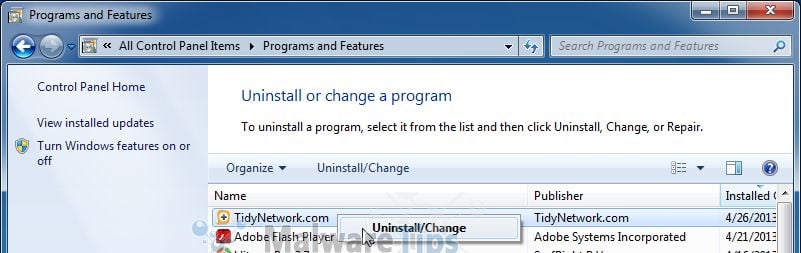 [Image: Uninstall TidyNetwork program from Windows]