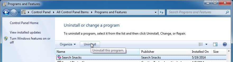 [Image: Uninstall Search Snacks from Windows]