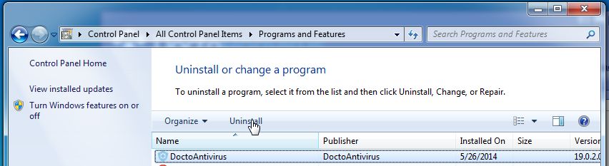 [Image: Uninstall DoctoAntivirus from Windows]