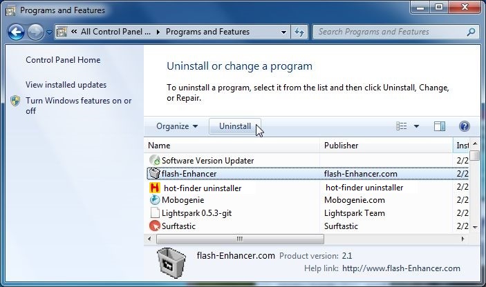 [Image: Uninstall Hot Finder program from Windows]