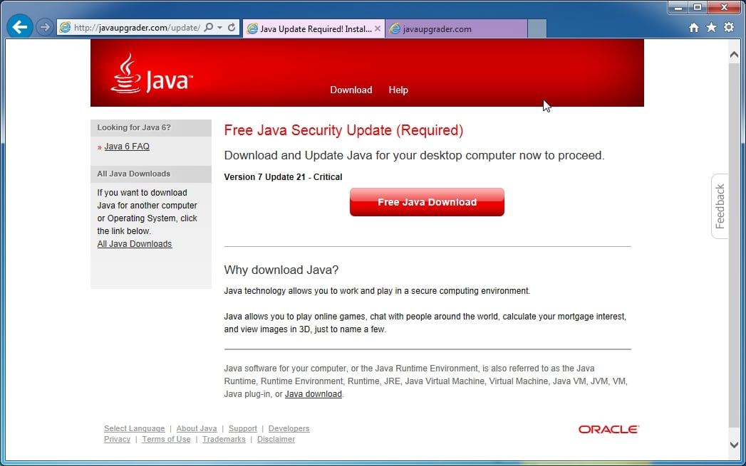 [Image: JavaUpgrader.com pop-up virus]