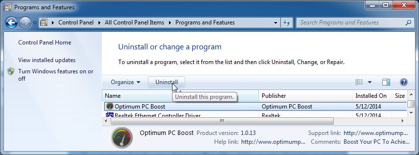[Image: Uninstall Optimum PC Boost program from Windows]