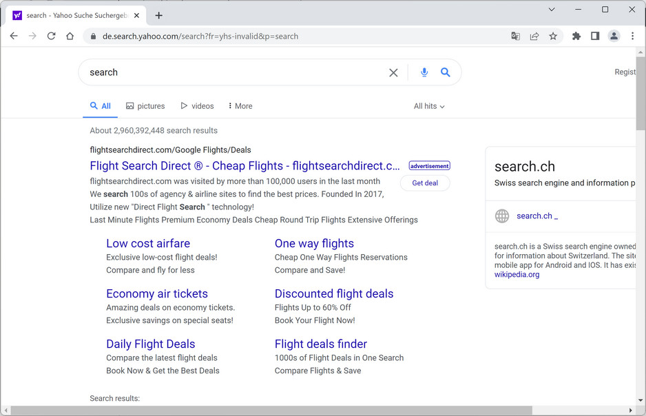 Image: Chrome browser is redirected to DE.Search.Yahoo.com