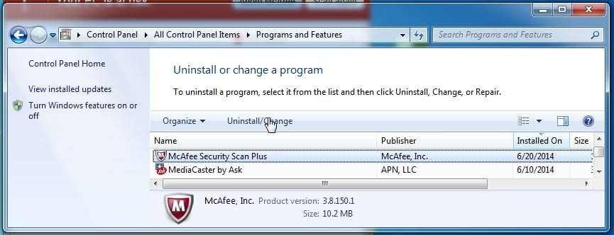 [Image: Uninstall McAfee Security Scan Plus from Windows]