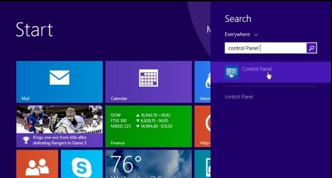 [Image: Type Control Panel in Windows 8 search box]