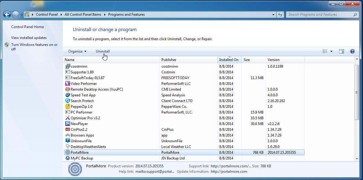 Remove PotalMore from Windows