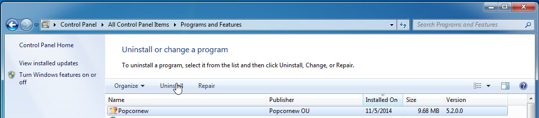Remove Popcornew from Windows