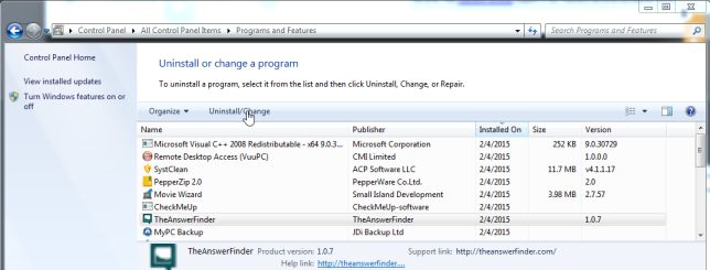 Remove TheAnswerFinder from Windows