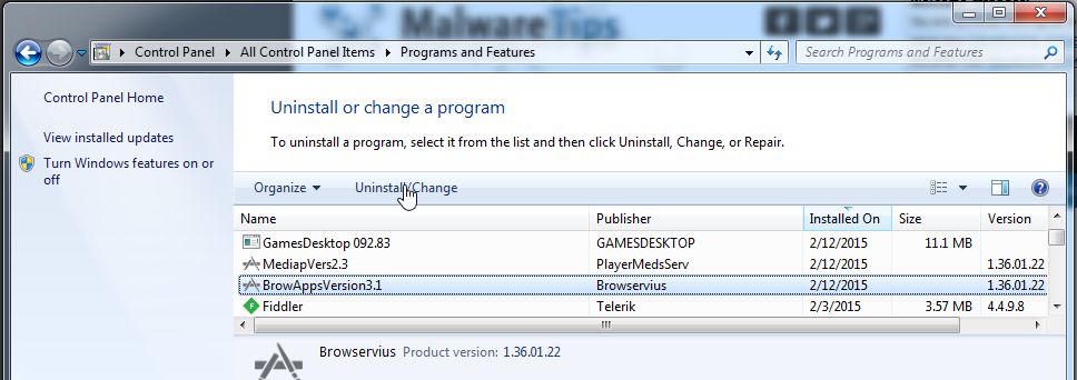 Remove BrowAppsVersion3.1 from Windows