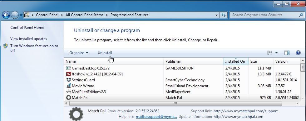 Remove Match Pal from Windows