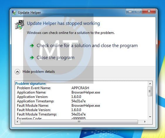 Update Helper has stopped working virus
