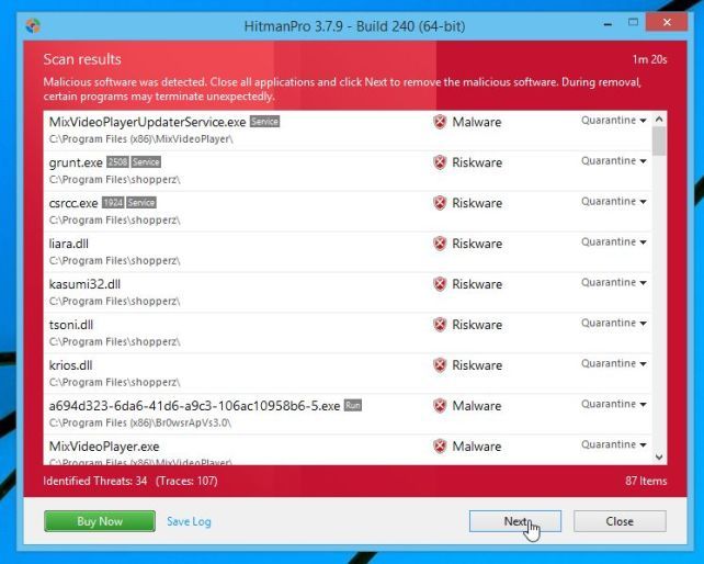  HitmanPro a détecté des logiciels malveillants 