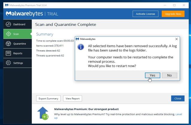  Malwarebytes Anti-Malware prosząc o ponowne uruchomienie komputera