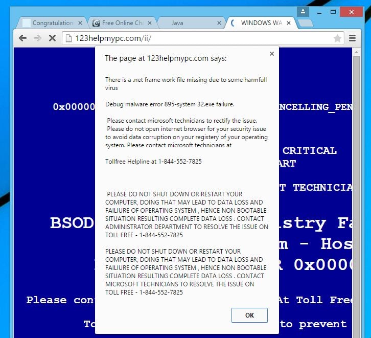 Fake windows virus alert warnign with blue screen