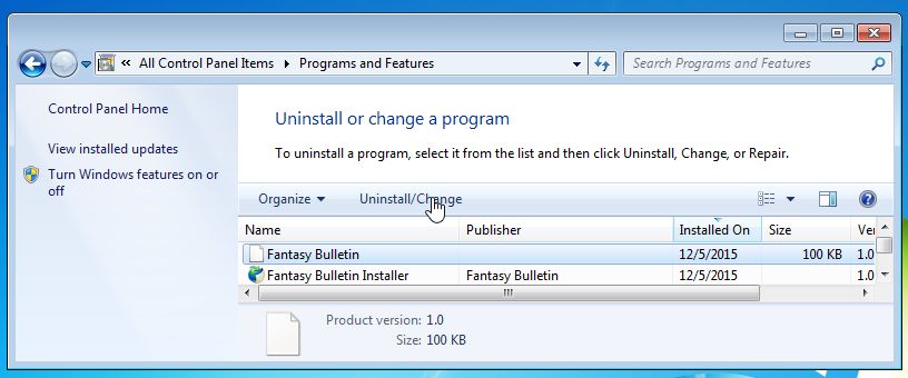 Удалите Fantasy Bulletin из Windows