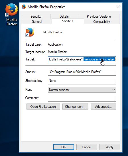 Mozilla Firefox hijacked shortcut