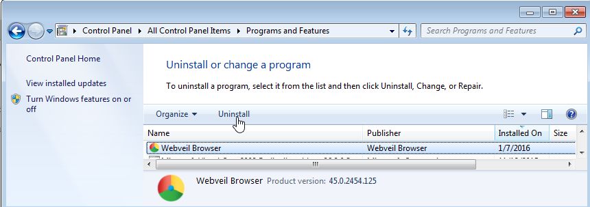 Remove WebVeil Browser from Windows