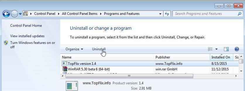 Uninstall TOPFlix from Windows