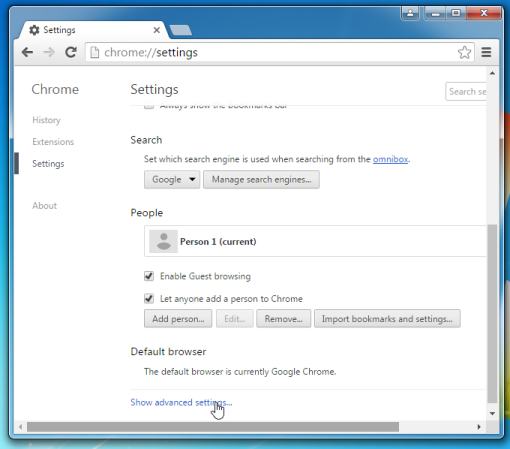 Advanced settings Google Chrome