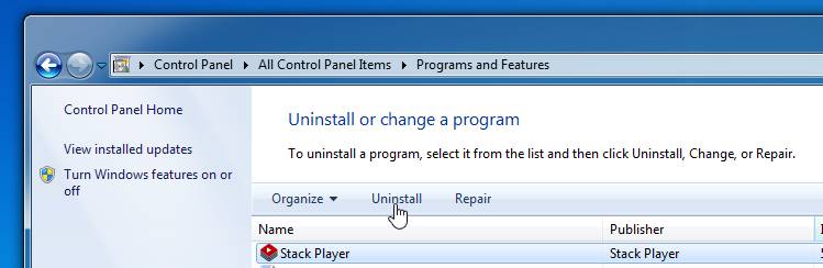 Uninstall Stack Player 